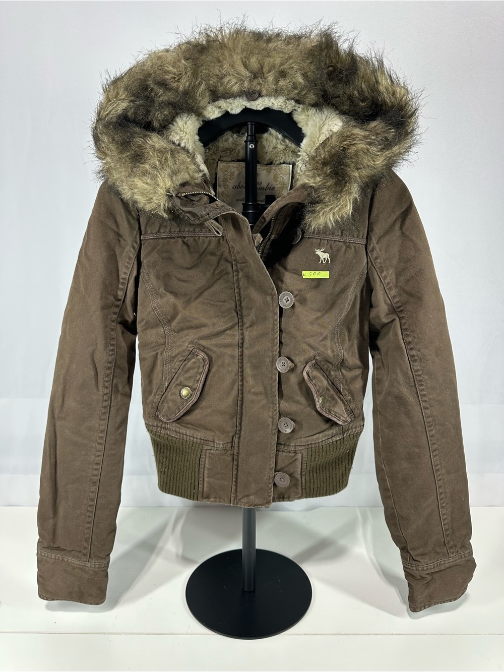 #500 Vtg Abercrombie & Fitch Women's XS* Brown Faux Fur Hood Bomber Jacket Y2K